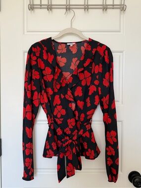 Q+A Los Angeles Red Black Floral Wrap Blouse — Tie Waist, Long Sleeve